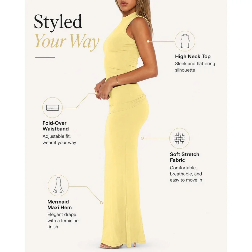 Skirt Women's Yellow Sets 2 Piece Outfits Sexy Two Pc Sleeveless Tank Crop Top M
